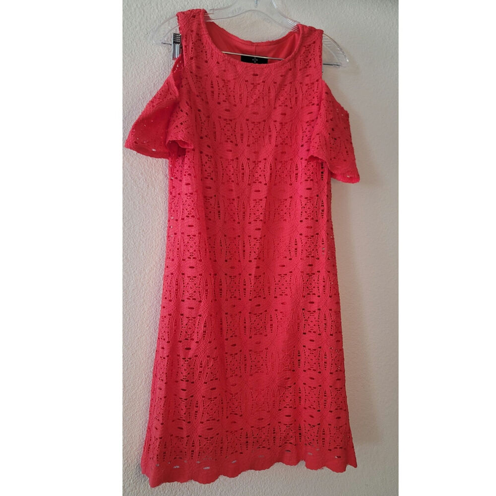 NWT Ronni Nicole Crochet Lace Cold-shoulder Sheath dress Coral Red Size 10